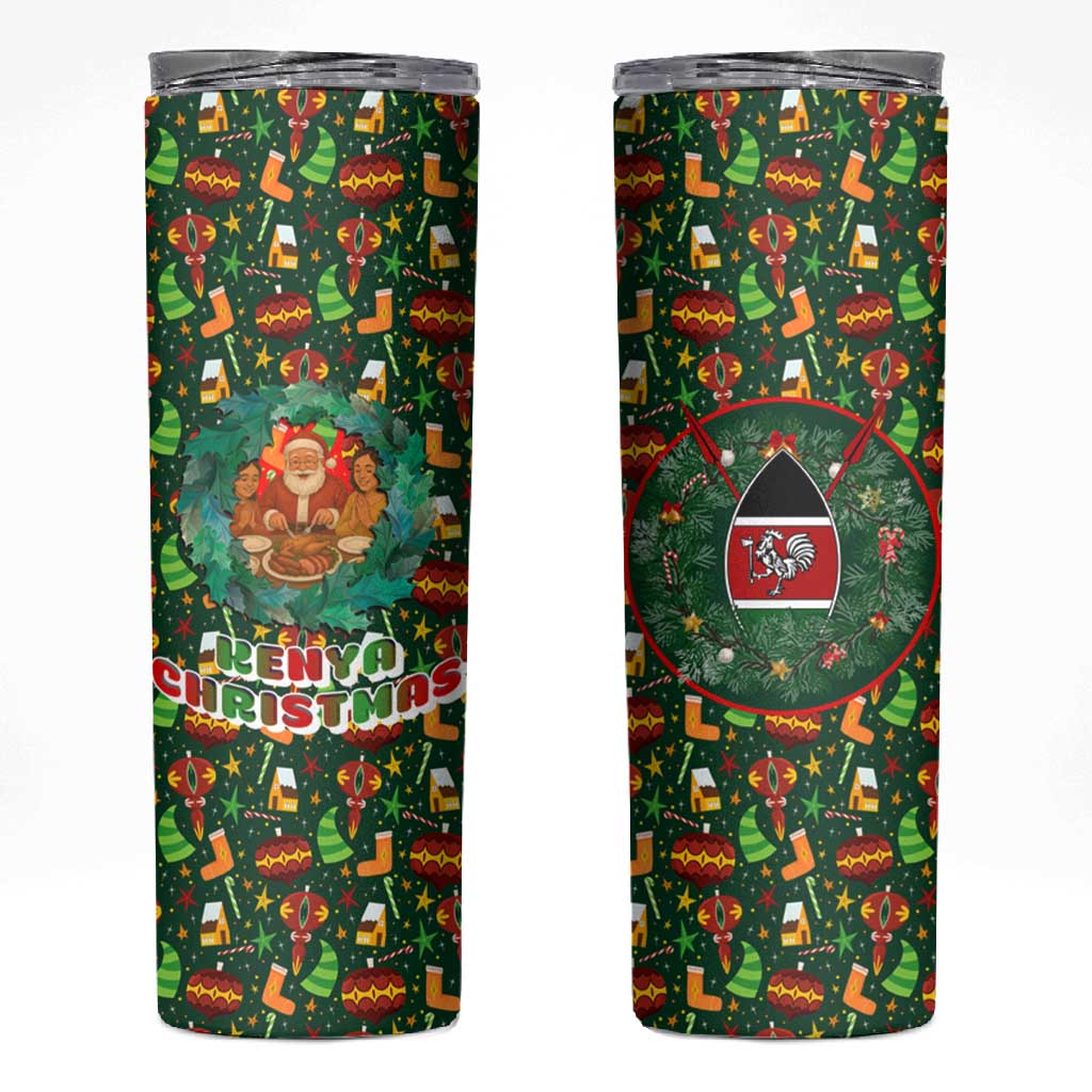 Kenya Christmas Skinny Tumbler Santa Feast Scene and Festive Wreath Pattern - African Pride