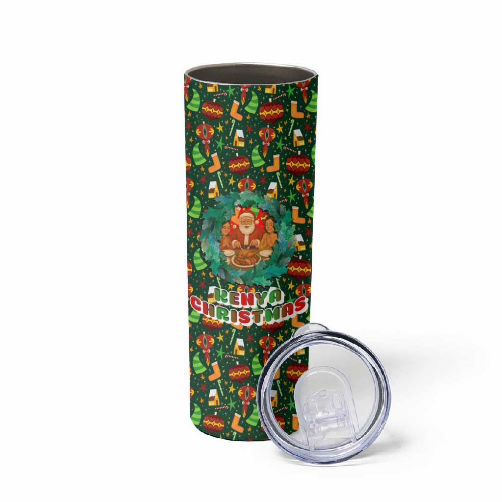 Kenya Christmas Skinny Tumbler Santa Feast Scene and Festive Wreath Pattern - African Pride
