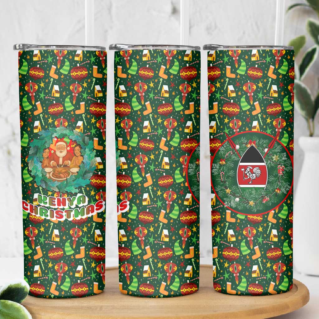Kenya Christmas Skinny Tumbler Santa Feast Scene and Festive Wreath Pattern - African Pride