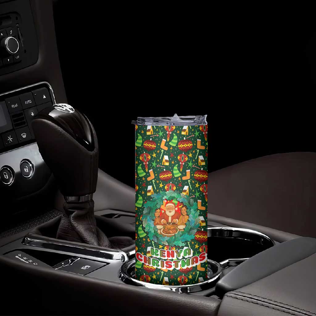 Kenya Christmas Skinny Tumbler Santa Feast Scene and Festive Wreath Pattern - African Pride