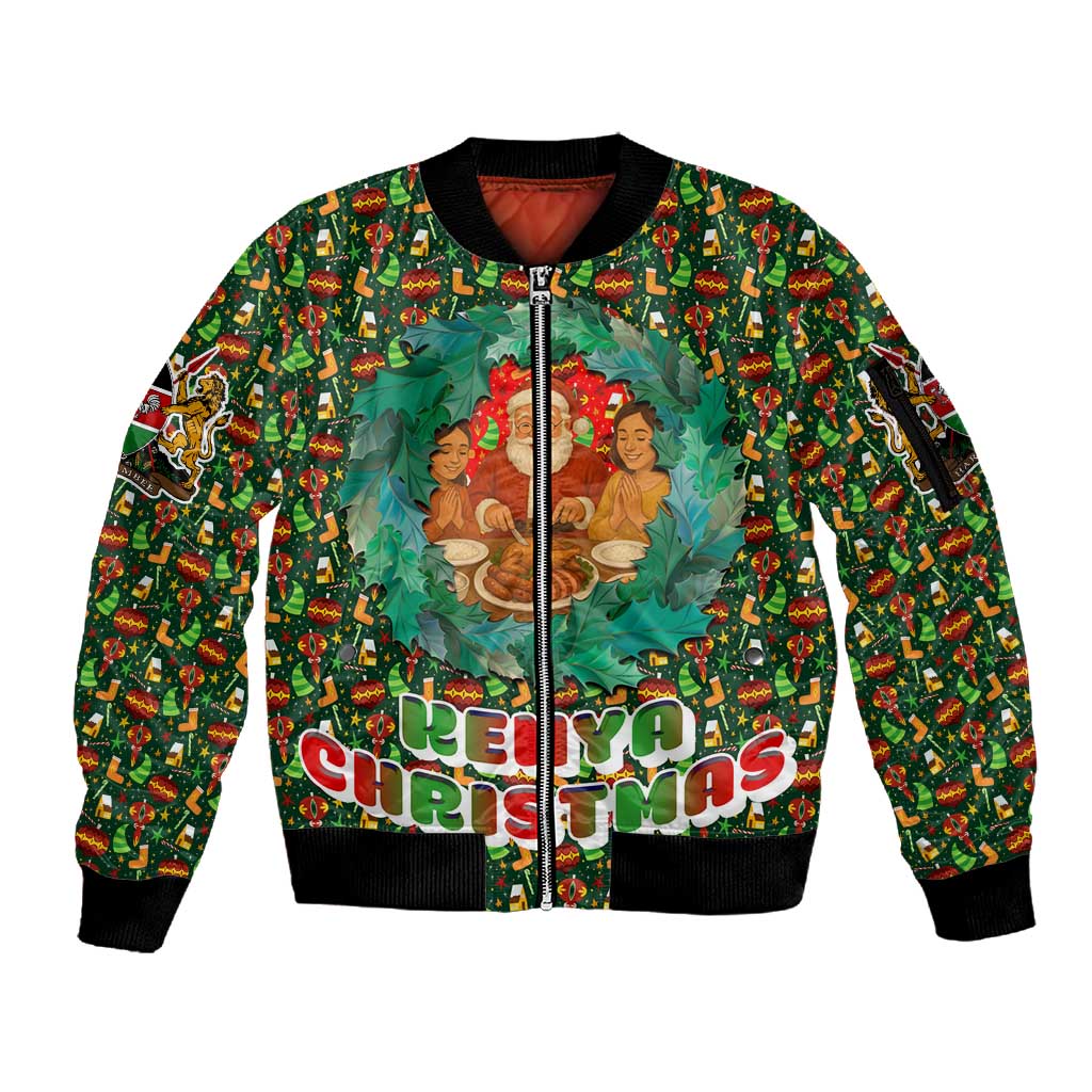 Kenya Christmas Sleeve Zip Bomber Jacket Santa Feast Scene and Festive Wreath Pattern - African Pride