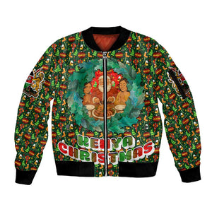 Kenya Christmas Sleeve Zip Bomber Jacket Santa Feast Scene and Festive Wreath Pattern - African Pride