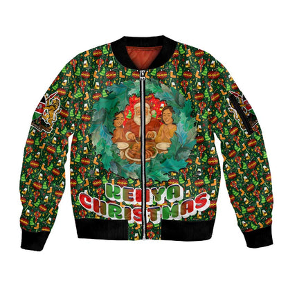Kenya Christmas Sleeve Zip Bomber Jacket Santa Feast Scene and Festive Wreath Pattern - African Pride