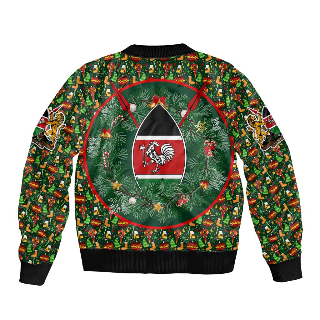 Kenya Christmas Sleeve Zip Bomber Jacket Santa Feast Scene and Festive Wreath Pattern - African Pride