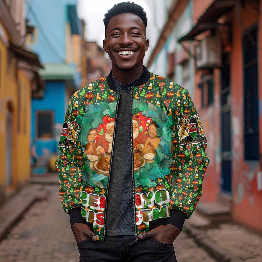 Kenya Christmas Sleeve Zip Bomber Jacket Santa Feast Scene and Festive Wreath Pattern - African Pride