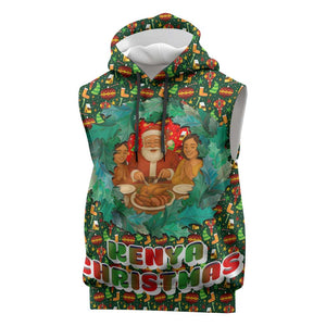 Kenya Christmas Sleeveless Hoodie Santa Feast Scene and Festive Wreath Pattern - African Pride