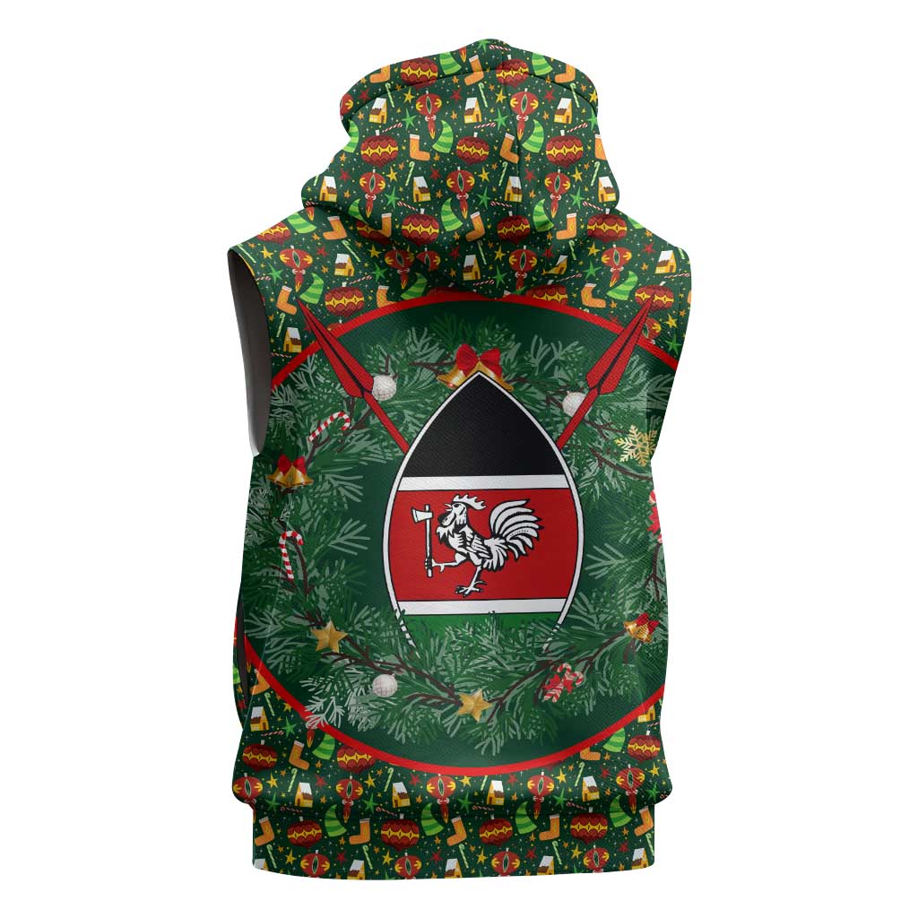 Kenya Christmas Sleeveless Hoodie Santa Feast Scene and Festive Wreath Pattern - African Pride