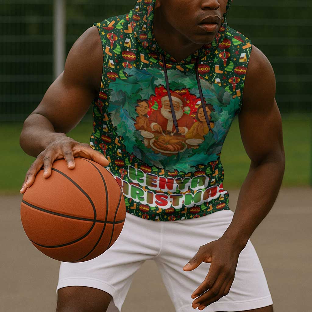 Kenya Christmas Sleeveless Hoodie Santa Feast Scene and Festive Wreath Pattern - African Pride