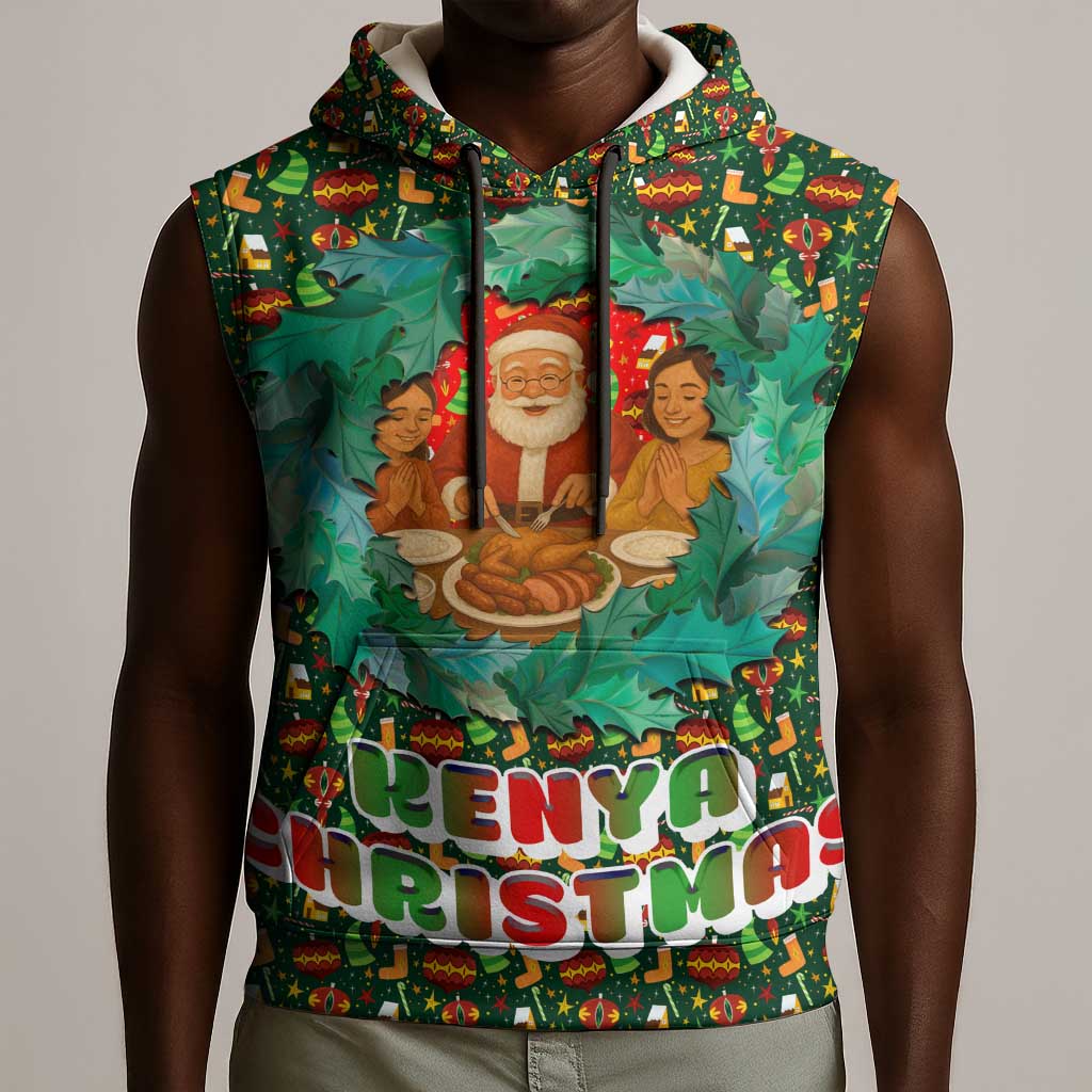 Kenya Christmas Sleeveless Hoodie Santa Feast Scene and Festive Wreath Pattern - African Pride