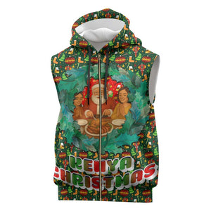 Kenya Christmas Sleeveless Zip Hoodie Santa Feast Scene and Festive Wreath Pattern - African Pride