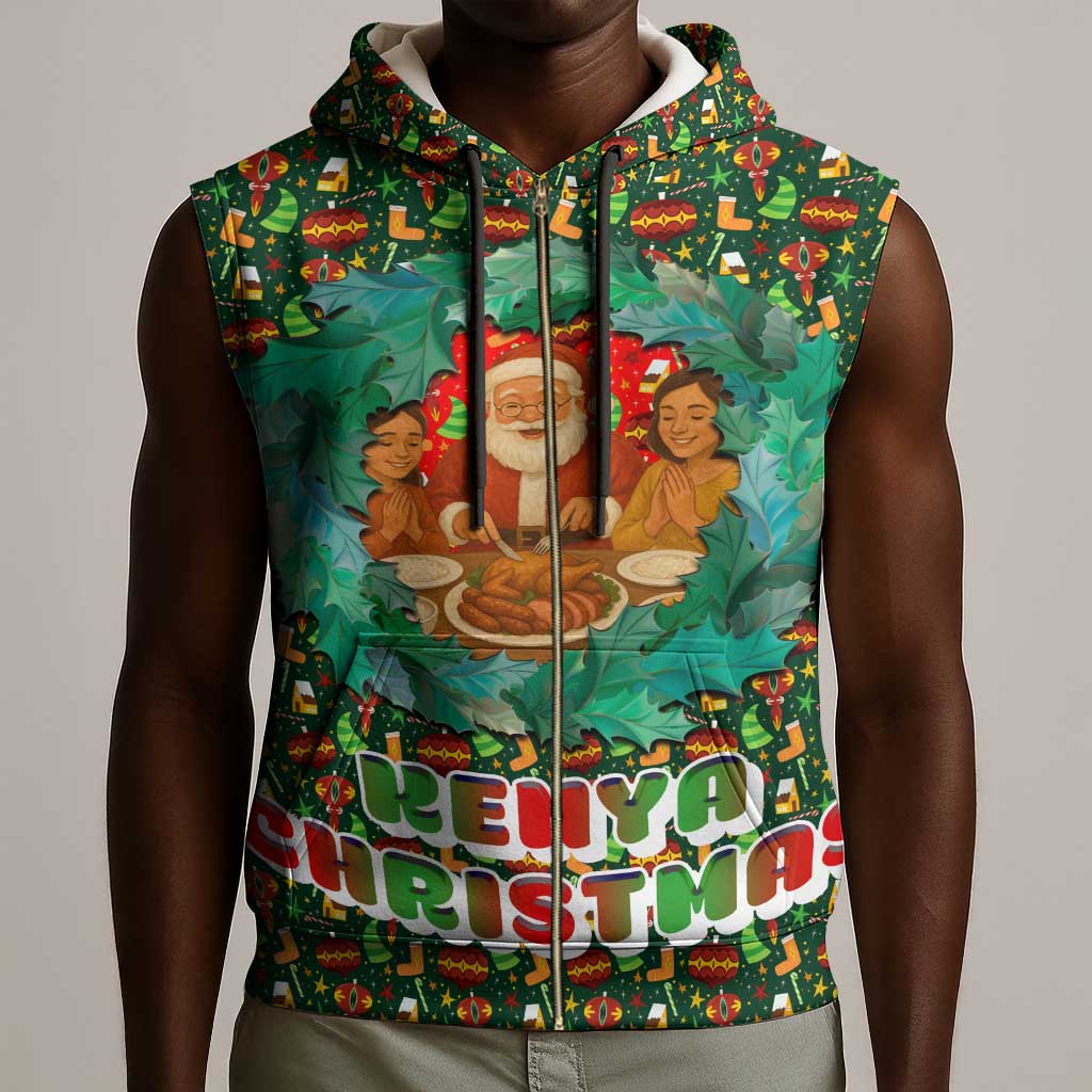 Kenya Christmas Sleeveless Zip Hoodie Santa Feast Scene and Festive Wreath Pattern - African Pride