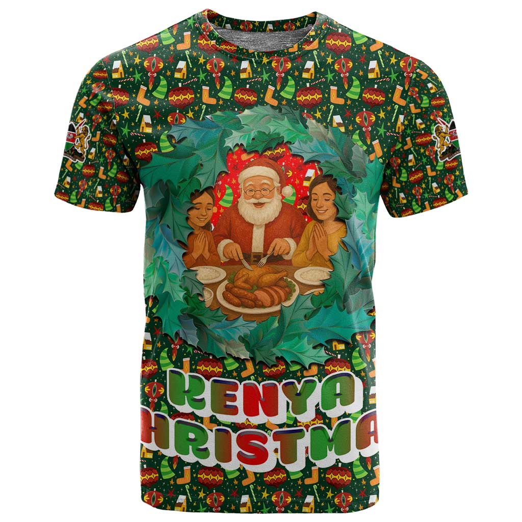 Kenya Christmas T shirt Santa Feast Scene and Festive Wreath Pattern - African Pride