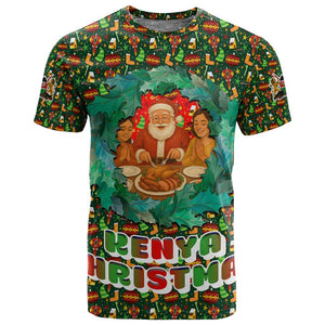 Kenya Christmas T shirt Santa Feast Scene and Festive Wreath Pattern - African Pride