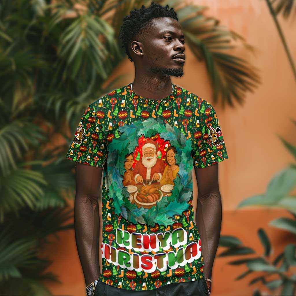 Kenya Christmas T shirt Santa Feast Scene and Festive Wreath Pattern - African Pride