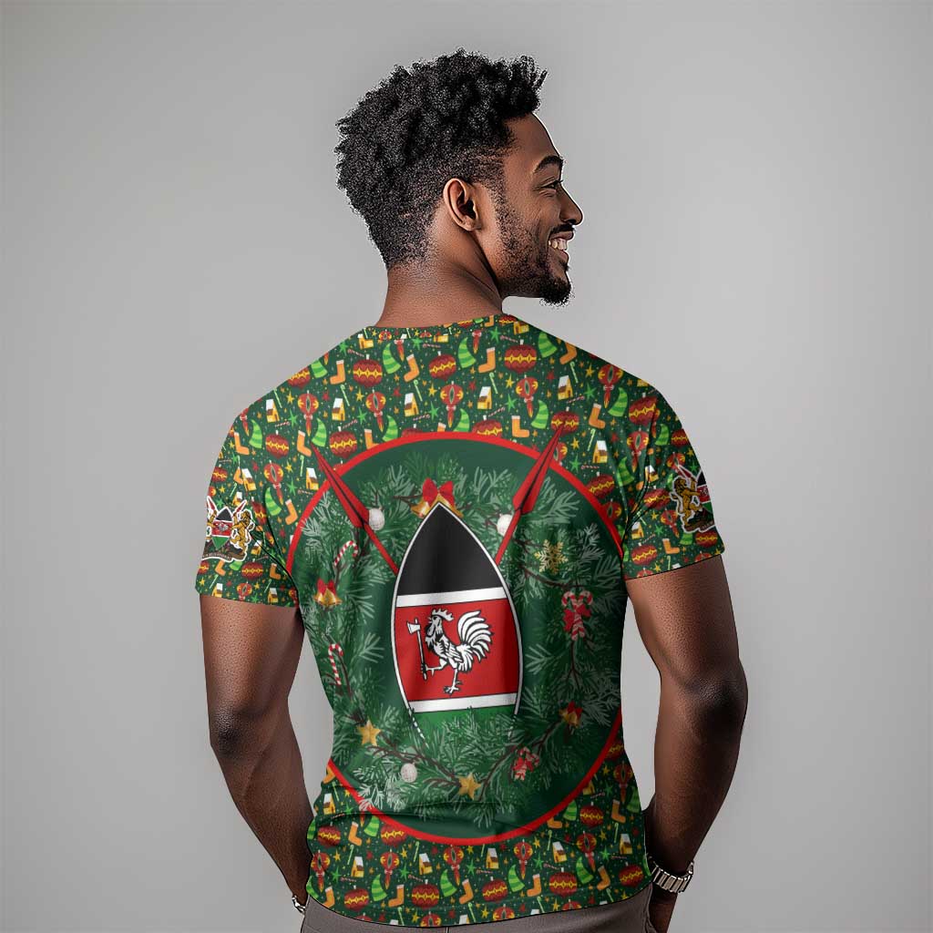 Kenya Christmas T shirt Santa Feast Scene and Festive Wreath Pattern - African Pride