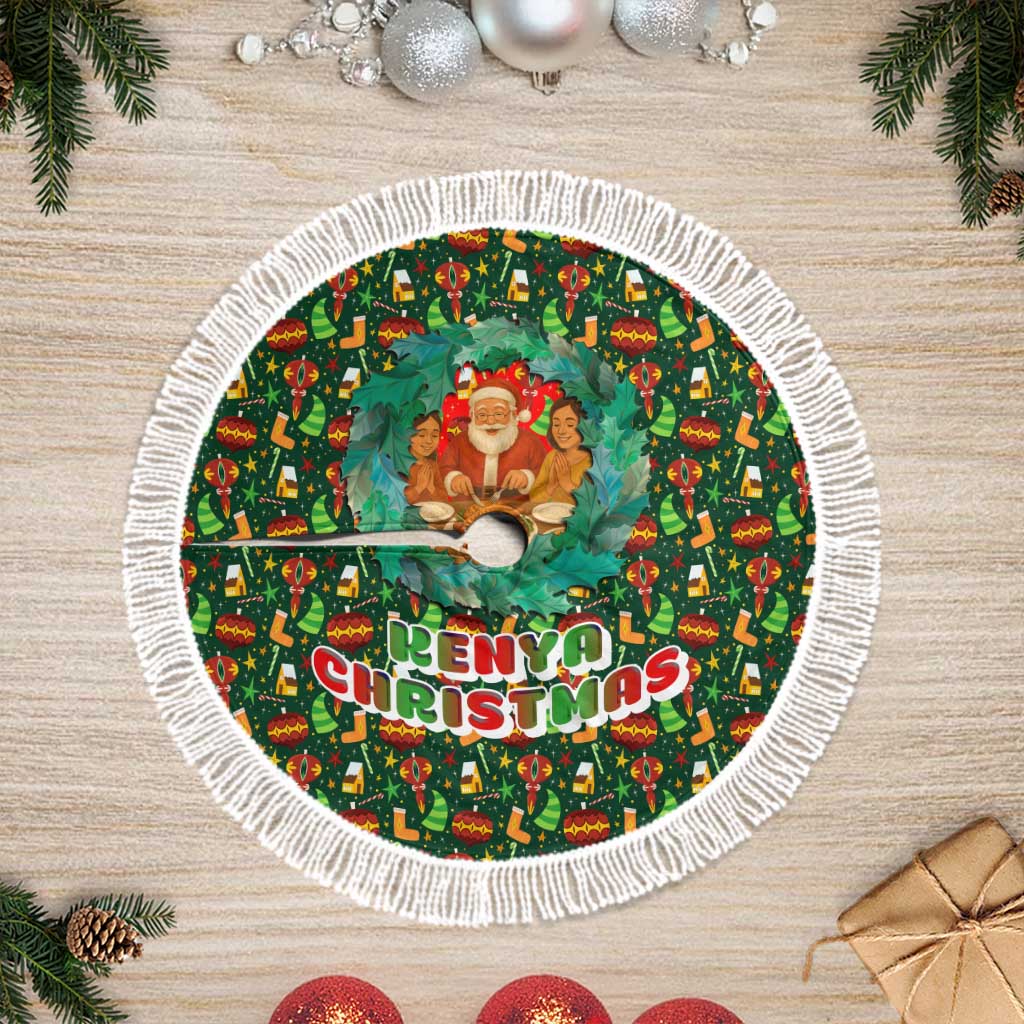 Kenya Christmas Tree Skirt Santa Feast Scene and Festive Wreath Pattern - African Pride