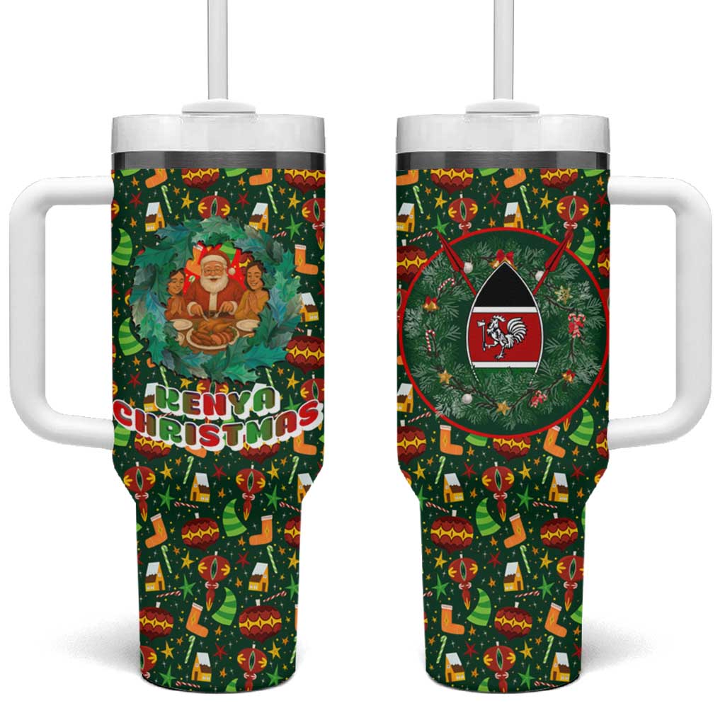 Kenya Christmas Tumbler With Handle Santa Feast Scene and Festive Wreath Pattern - African Pride
