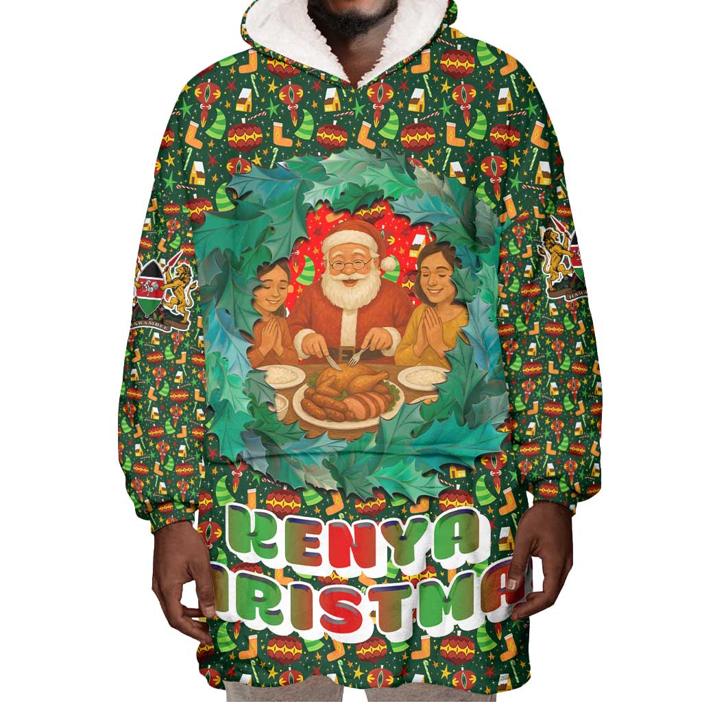 Kenya Christmas Wearable Blanket Hoodie Santa Feast Scene and Festive Wreath Pattern - African Pride