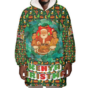 Kenya Christmas Wearable Blanket Hoodie Santa Feast Scene and Festive Wreath Pattern - African Pride