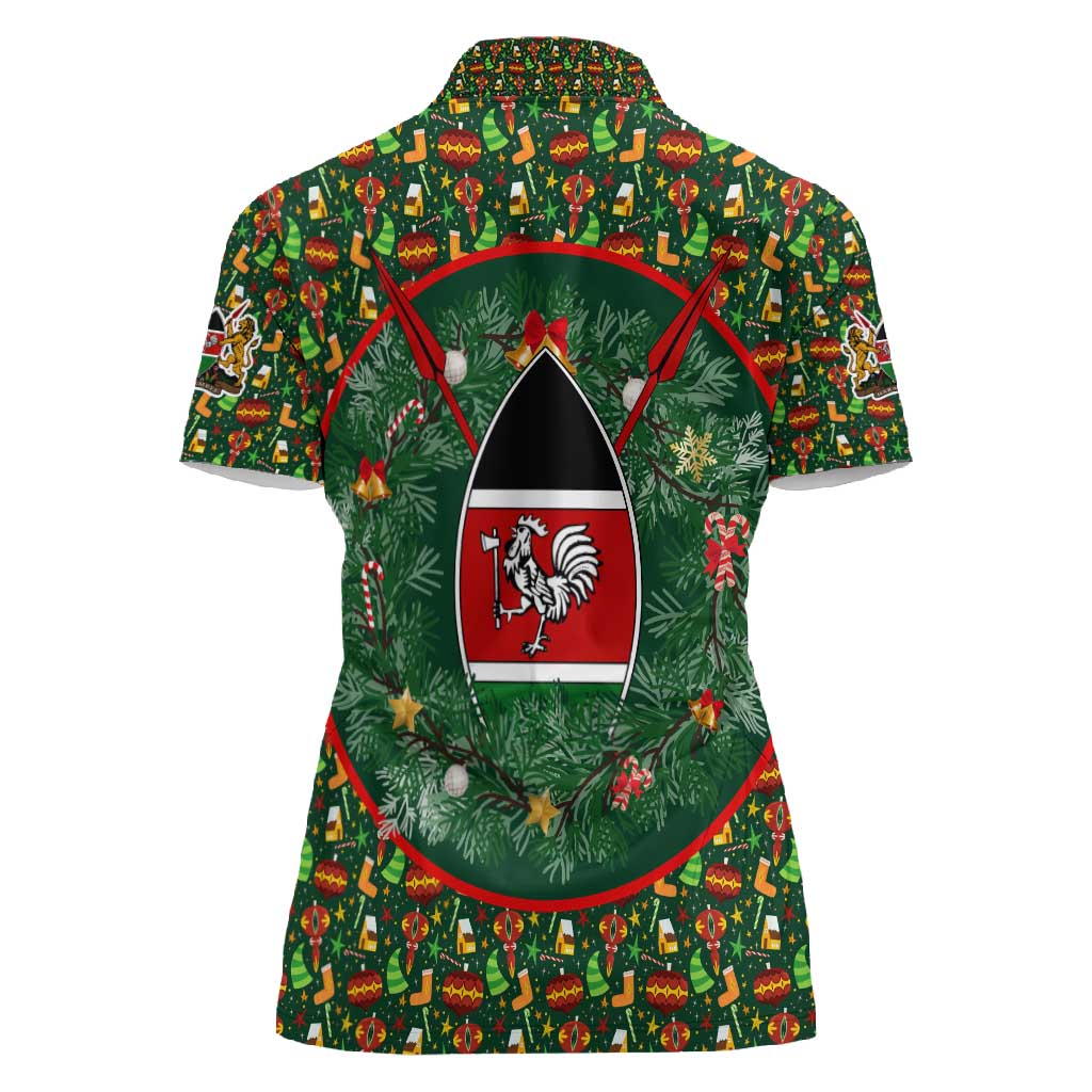 Kenya Christmas Women Polo Shirt Santa Feast Scene and Festive Wreath Pattern - African Pride