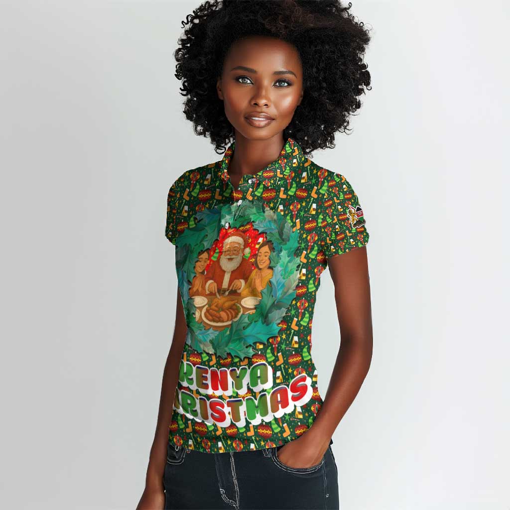 Kenya Christmas Women Polo Shirt Santa Feast Scene and Festive Wreath Pattern - African Pride