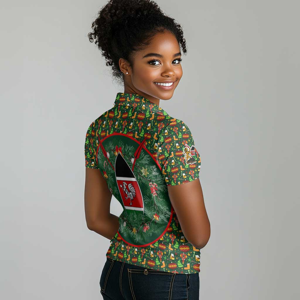 Kenya Christmas Women Polo Shirt Santa Feast Scene and Festive Wreath Pattern - African Pride
