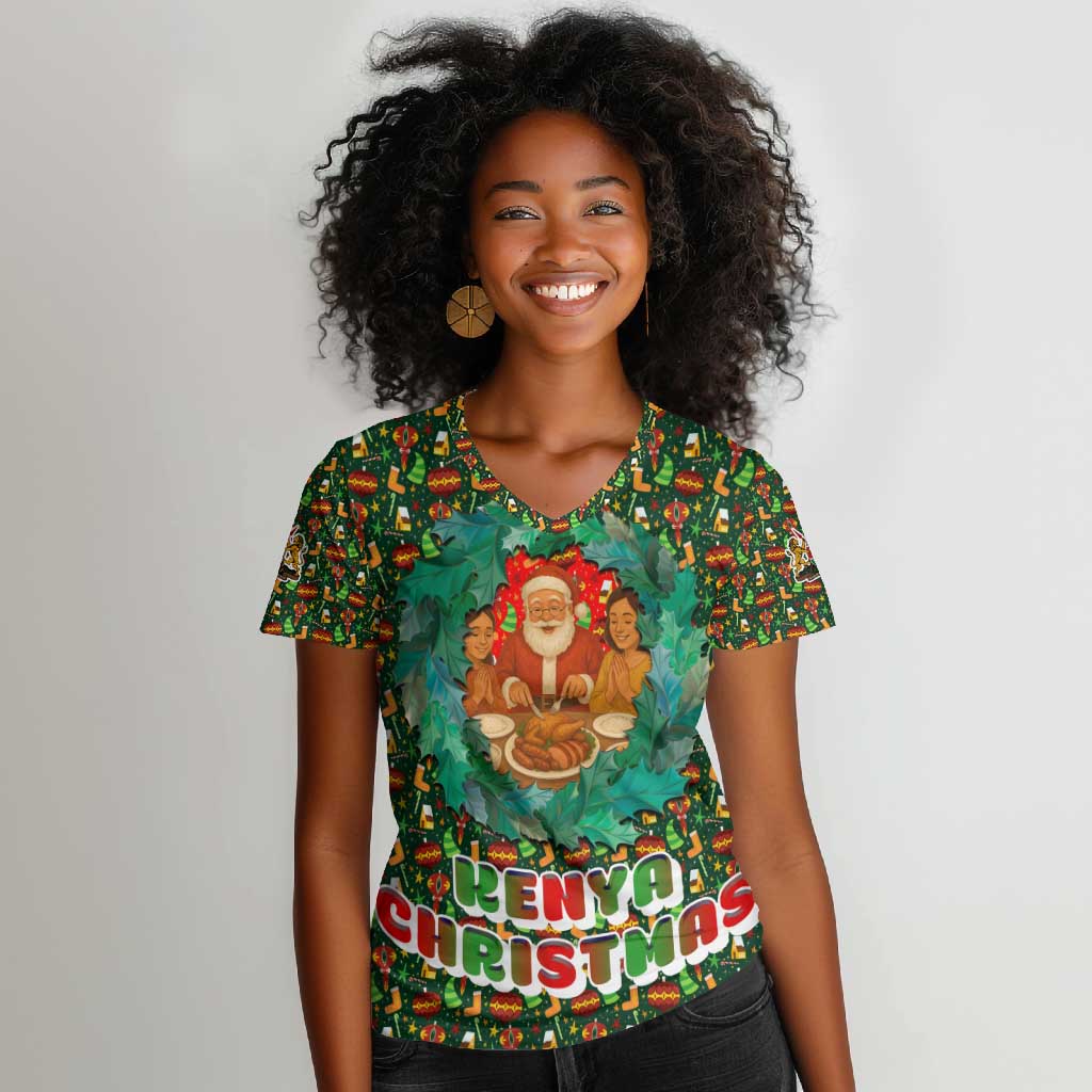 Kenya Christmas Women V-Neck T-Shirt Santa Feast Scene and Festive Wreath Pattern - African Pride