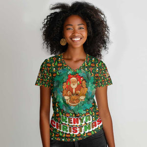 Kenya Christmas Women V-Neck T-Shirt Santa Feast Scene and Festive Wreath Pattern - African Pride