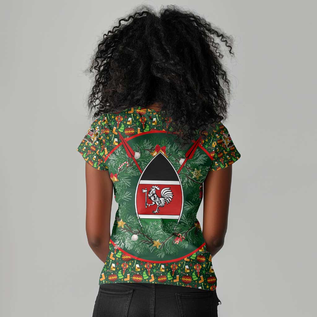 Kenya Christmas Women V-Neck T-Shirt Santa Feast Scene and Festive Wreath Pattern - African Pride