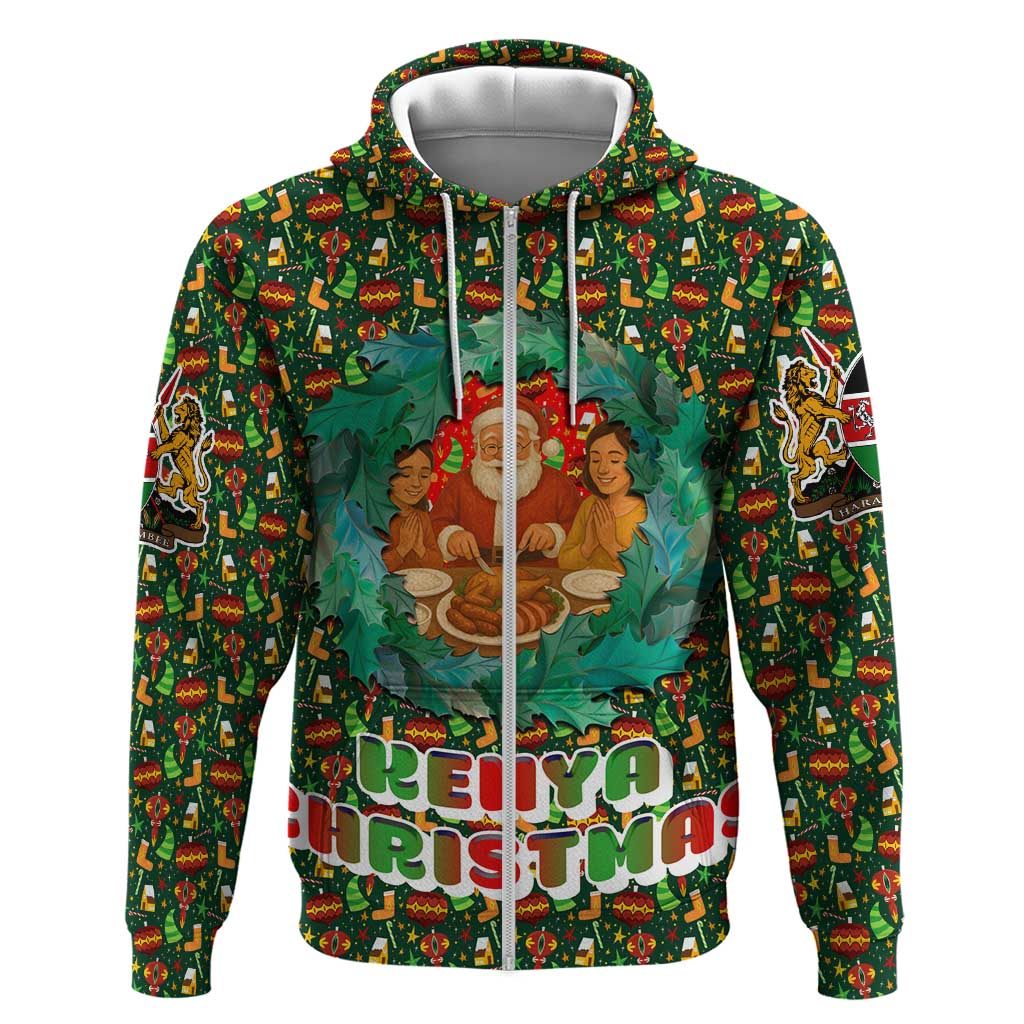 Kenya Christmas Zip Hoodie Santa Feast Scene and Festive Wreath Pattern ...
