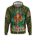 Kenya Christmas Zip Hoodie Santa Feast Scene and Festive Wreath Pattern - African Pride