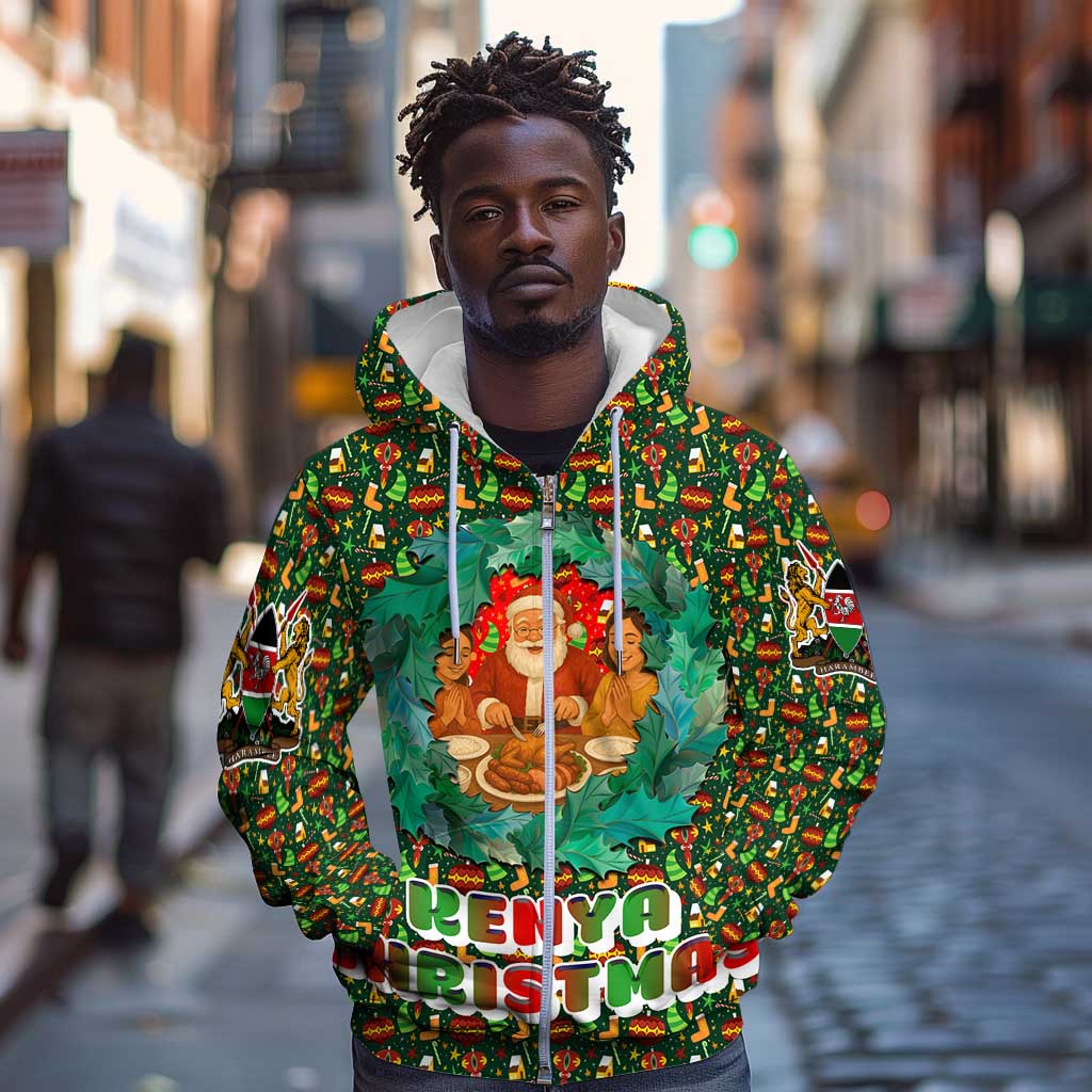 Kenya Christmas Zip Hoodie Santa Feast Scene and Festive Wreath Pattern - African Pride