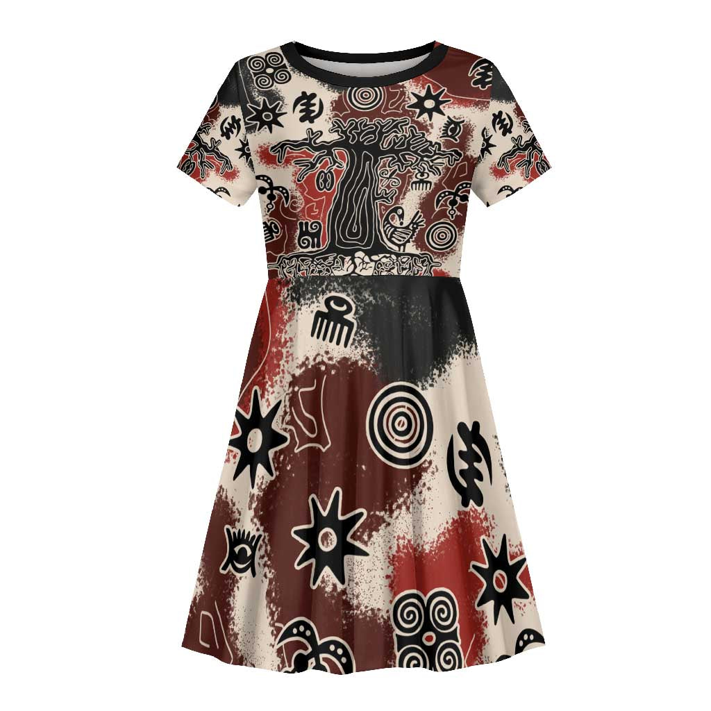 Adinkra Baobab Roots Kid Short Sleeve Dress African Ancestral Spirit Design - African Pride