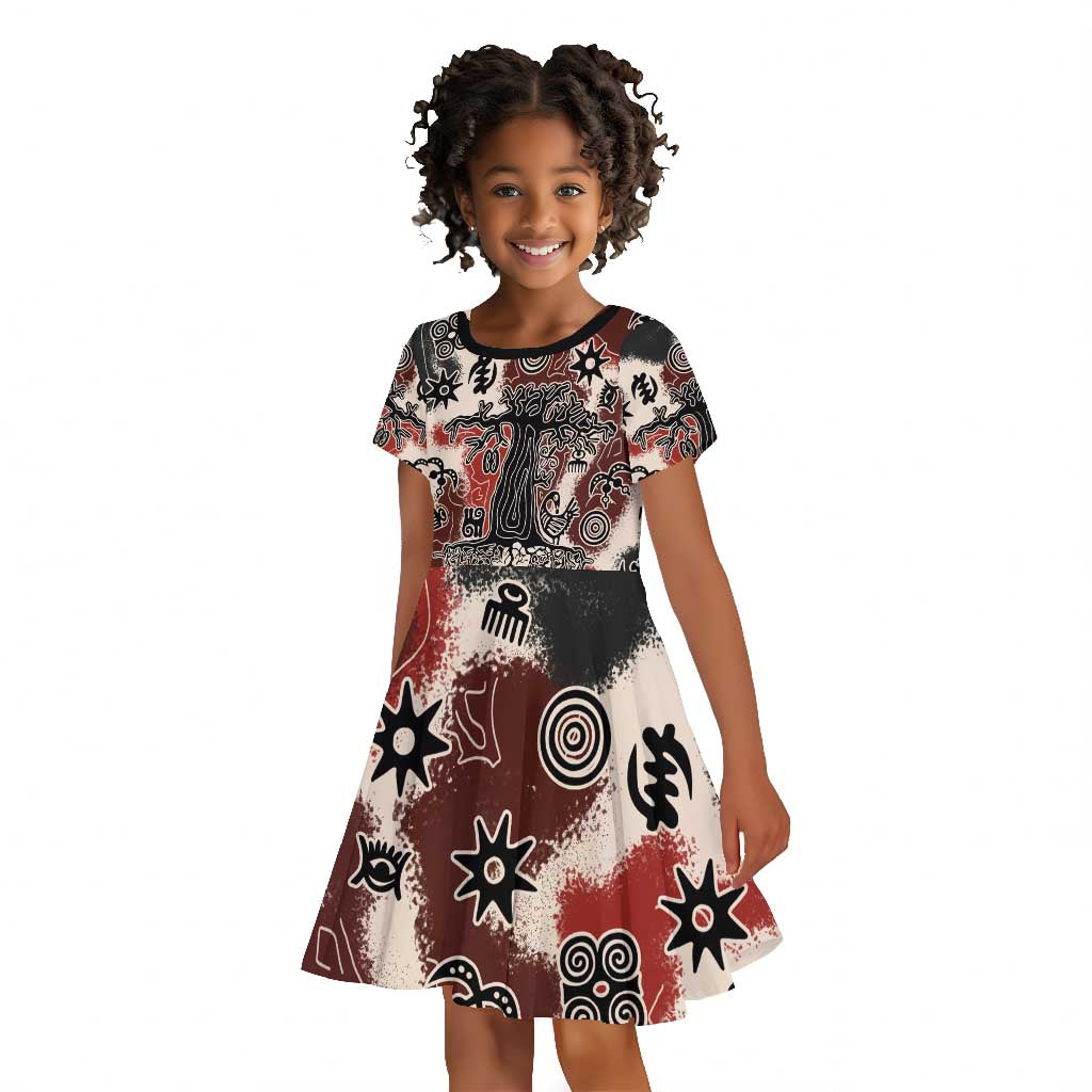 Adinkra Baobab Roots Kid Short Sleeve Dress African Ancestral Spirit Design - African Pride