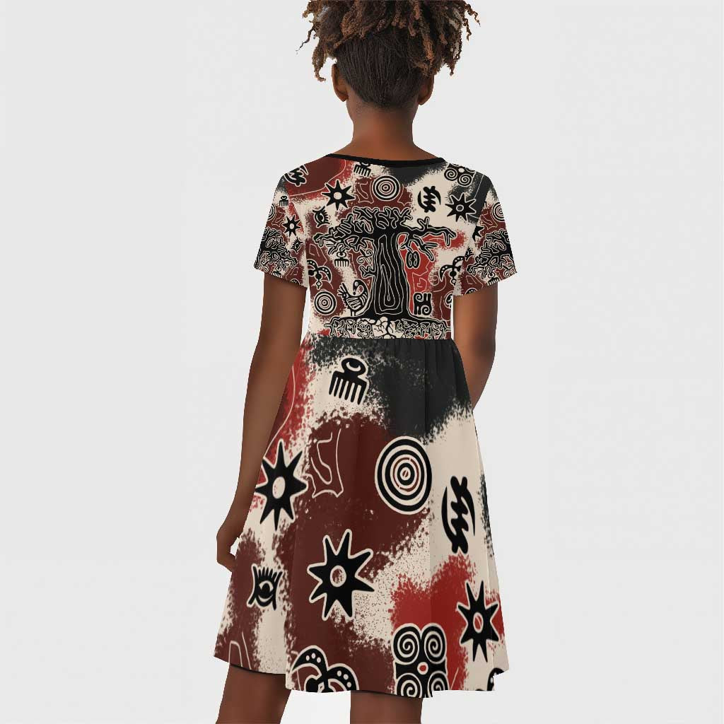 Adinkra Baobab Roots Kid Short Sleeve Dress African Ancestral Spirit Design - African Pride