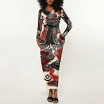 Adinkra Baobab Roots Long Sleeve Bodycon Dress African Ancestral Spirit Design - African Pride