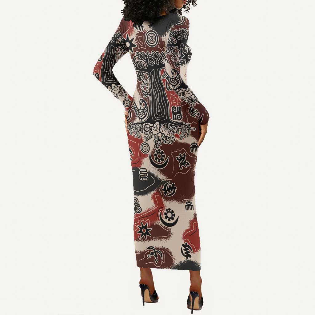 Adinkra Baobab Roots Long Sleeve Bodycon Dress African Ancestral Spirit Design - African Pride