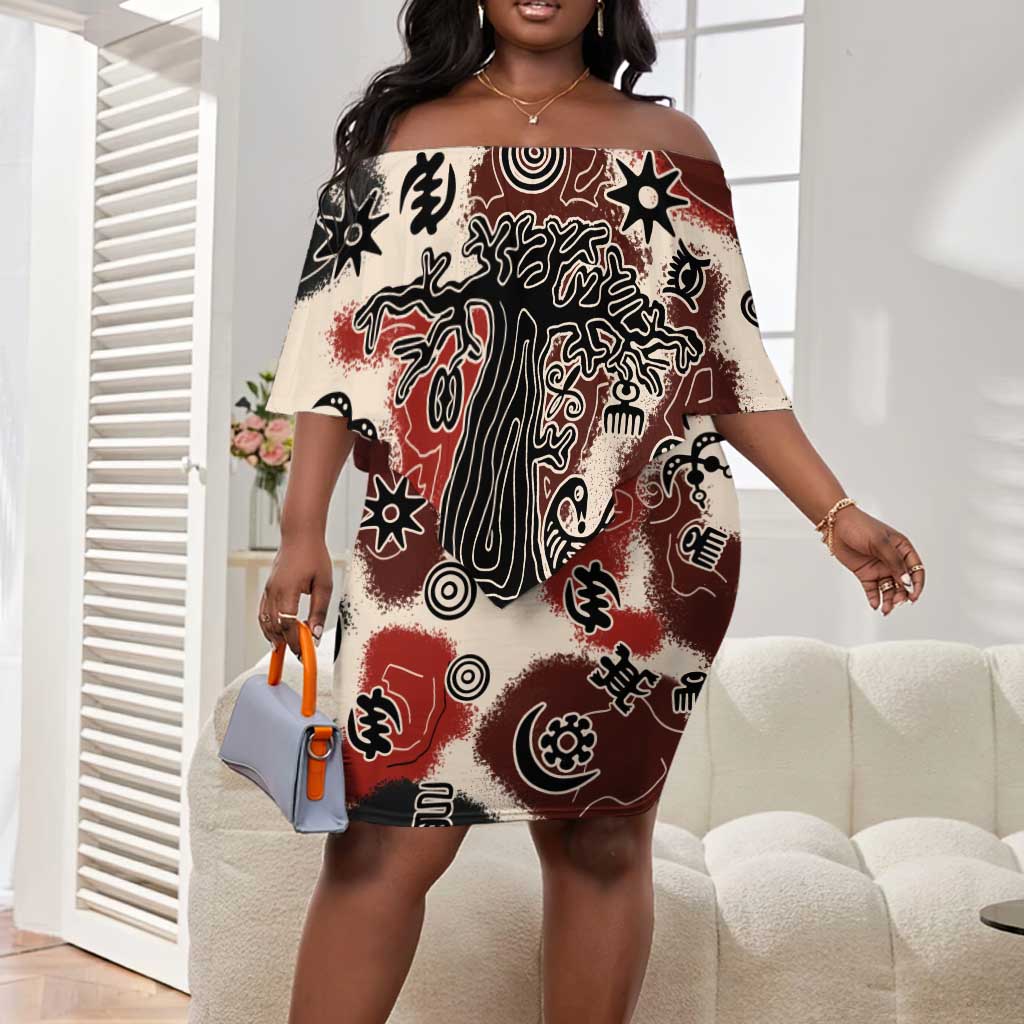 Adinkra Baobab Roots Off Shoulder Short Dress African Ancestral Spirit Design - African Pride