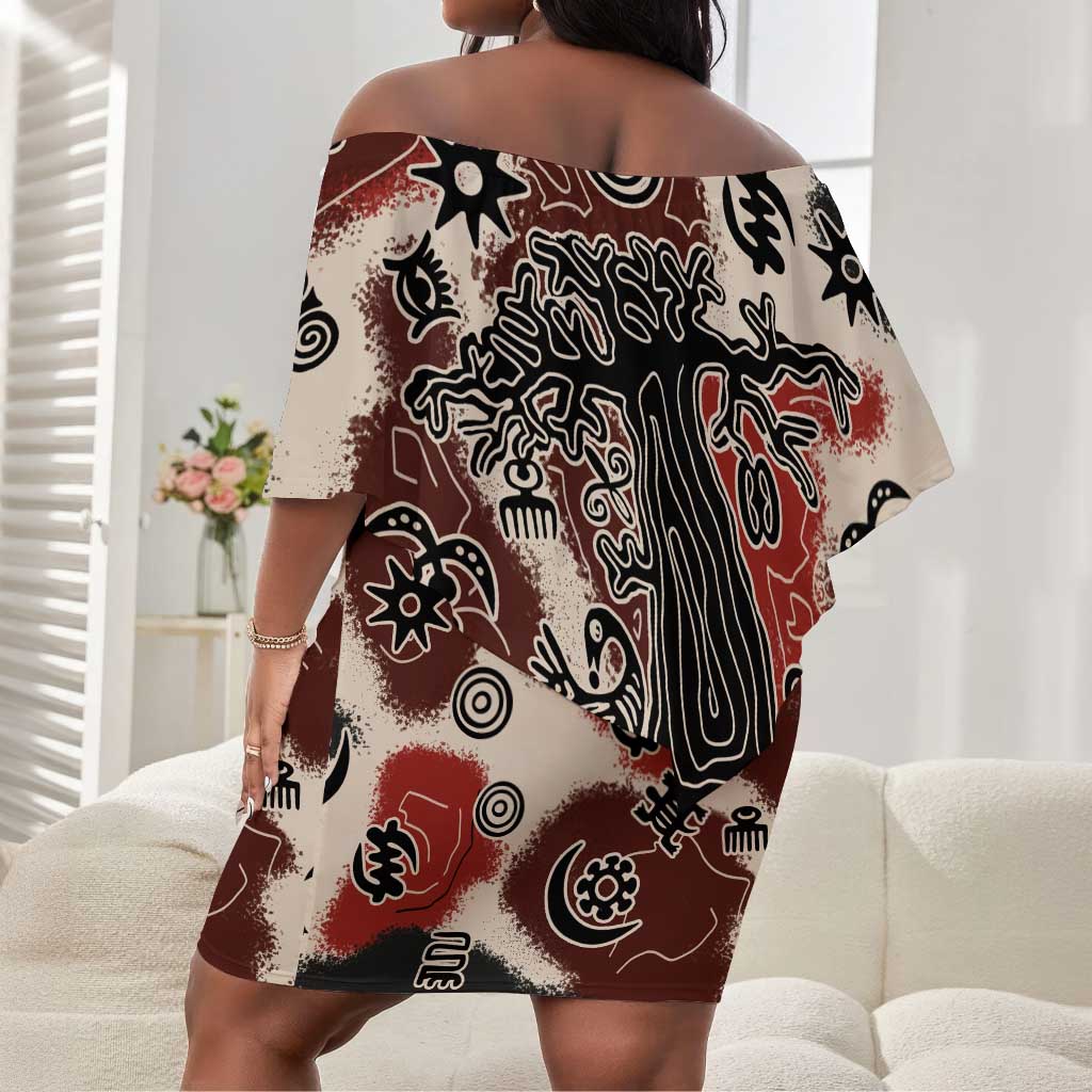 Adinkra Baobab Roots Off Shoulder Short Dress African Ancestral Spirit Design - African Pride