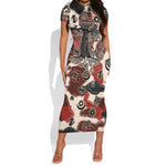 Adinkra Baobab Roots Short Sleeve Bodycon Dress African Ancestral Spirit Design - African Pride