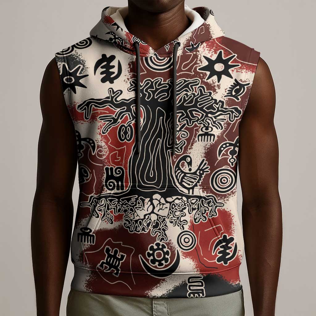 Adinkra Baobab Roots Sleeveless Hoodie African Ancestral Spirit Design - African Pride