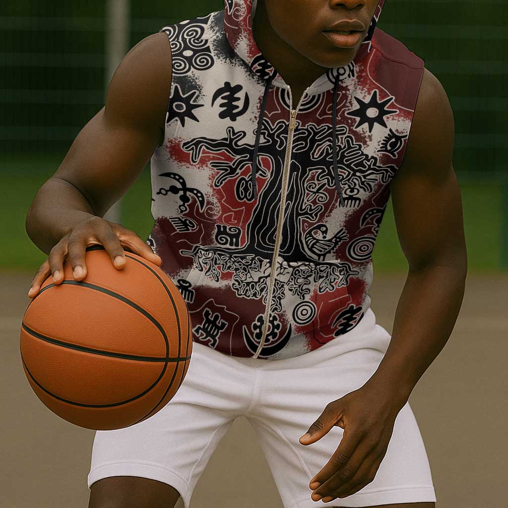 Adinkra Baobab Roots Sleeveless Zip Hoodie African Ancestral Spirit Design - African Pride