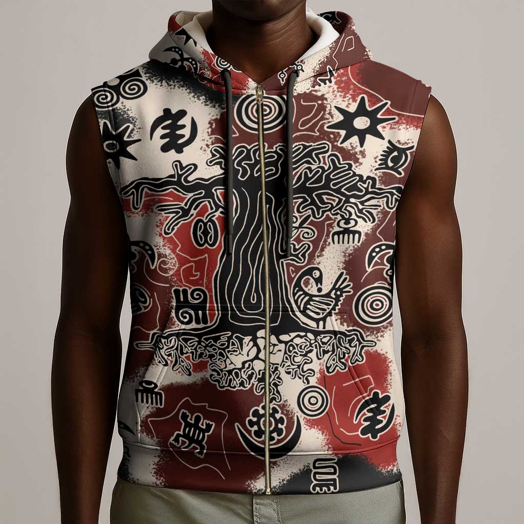 Adinkra Baobab Roots Sleeveless Zip Hoodie African Ancestral Spirit Design - African Pride