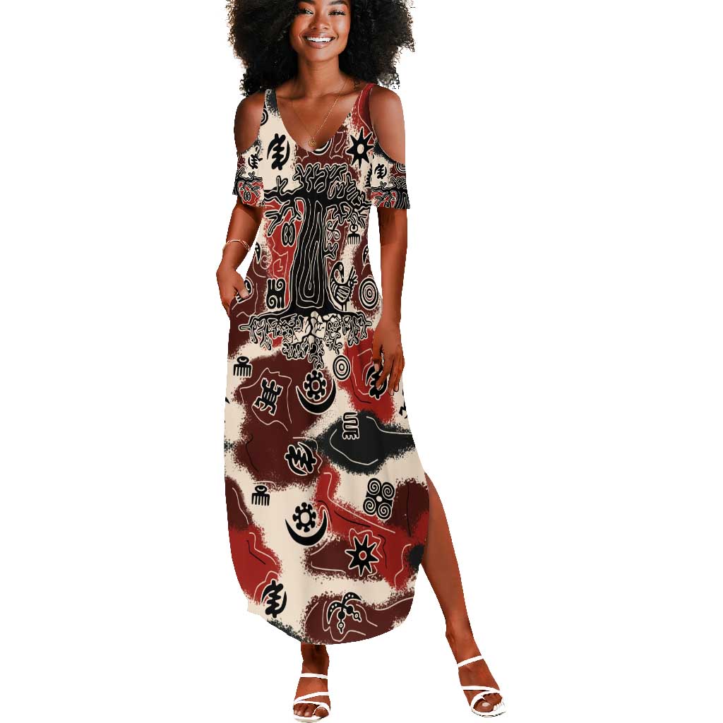 Adinkra Baobab Roots Summer Maxi Dress African Ancestral Spirit Design - African Pride