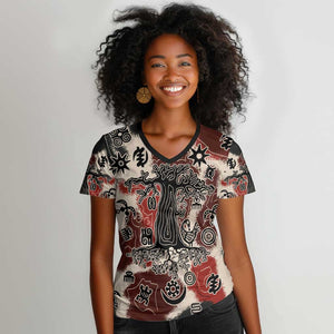 Adinkra Baobab Roots Women V-Neck T-Shirt African Ancestral Spirit Design - African Pride