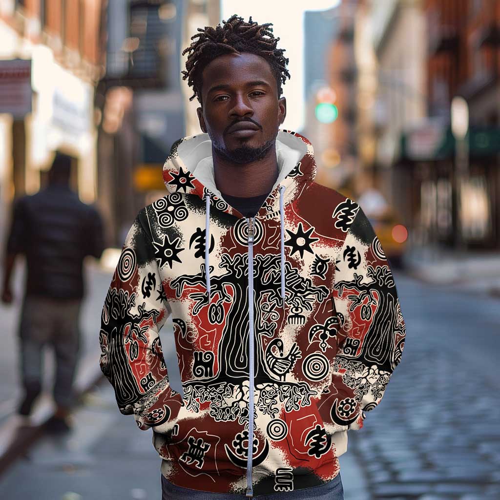Adinkra Baobab Roots Zip Hoodie African Ancestral Spirit Design - African Pride