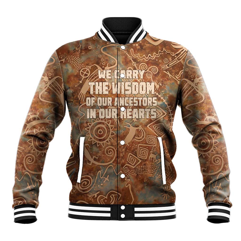 We Carry The Wisdom Baseball Jacket Indigenous Spirit Quote Art - African Pride
