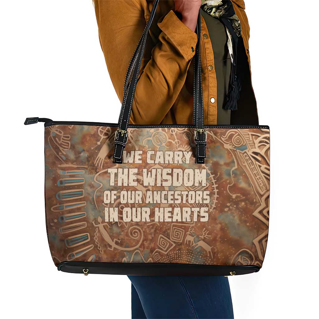 We Carry The Wisdom Leather Tote Bag Indigenous Spirit Quote Art - African Pride