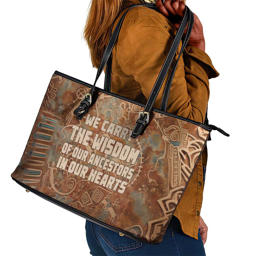 We Carry The Wisdom Leather Tote Bag Indigenous Spirit Quote Art - African Pride