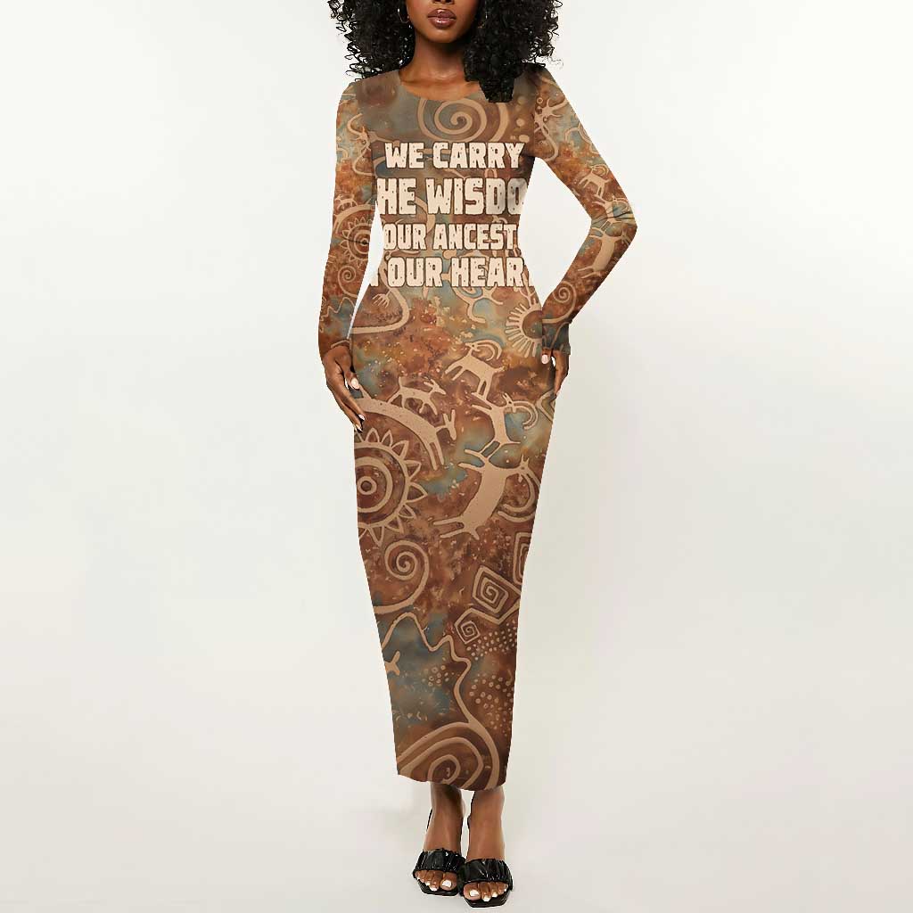 We Carry The Wisdom Long Sleeve Bodycon Dress Indigenous Spirit Quote Art - African Pride